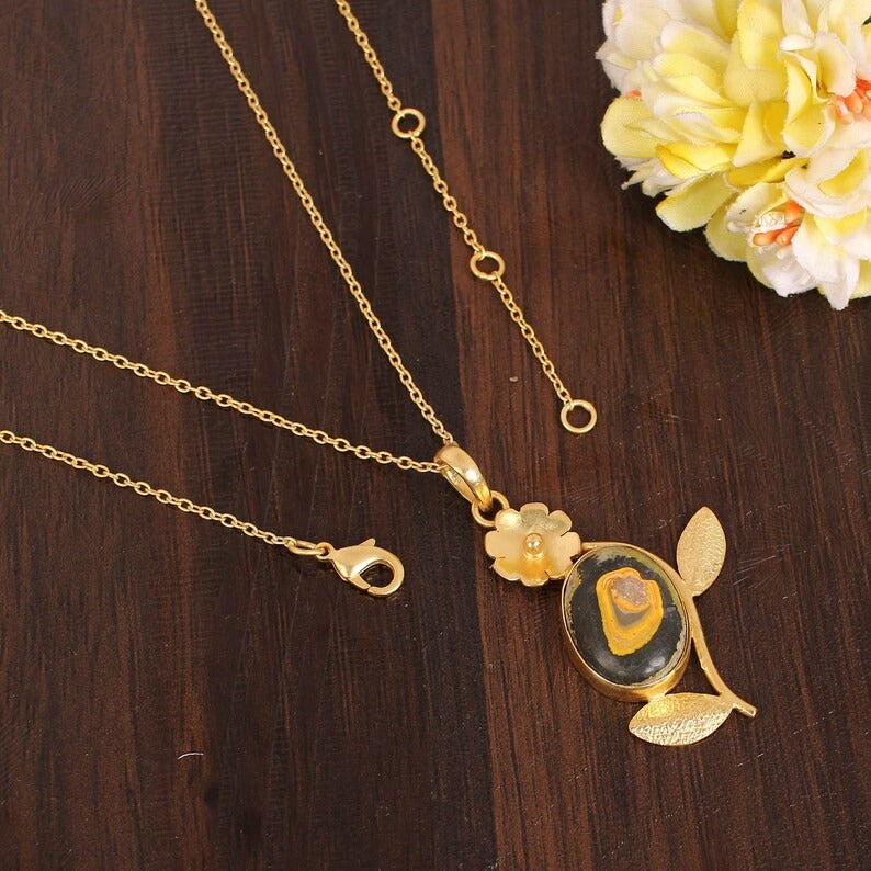 Bumble Bee Jasper Gemstone Flower Brass Necklace