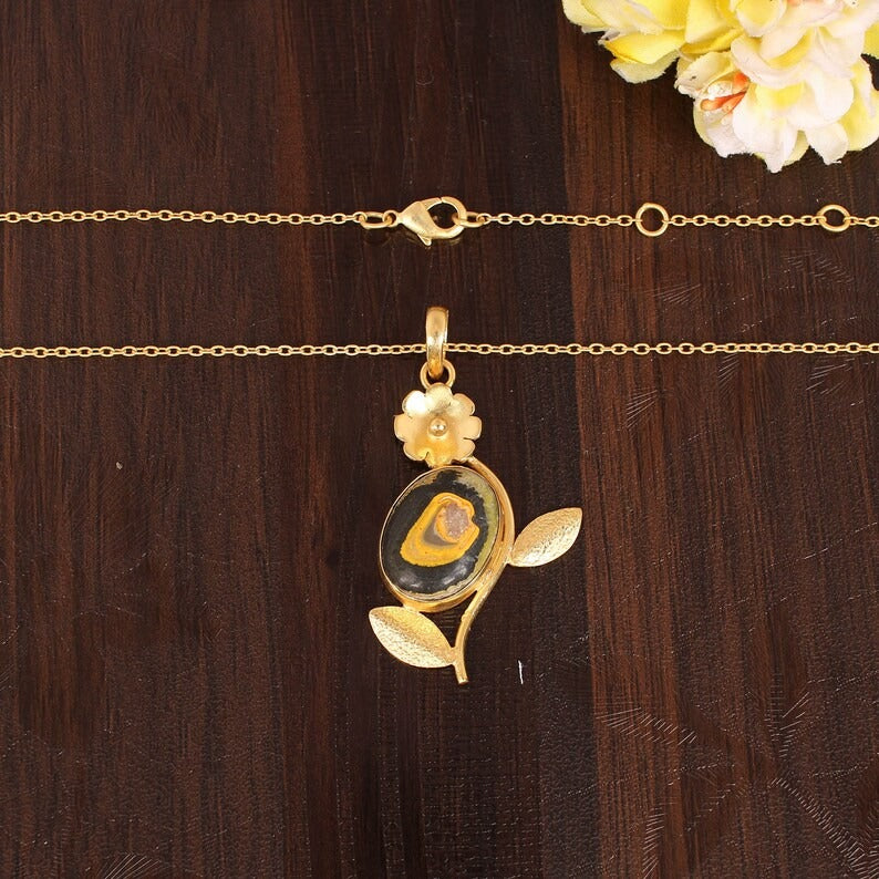 Bumble Bee Jasper Gemstone Flower Brass Necklace