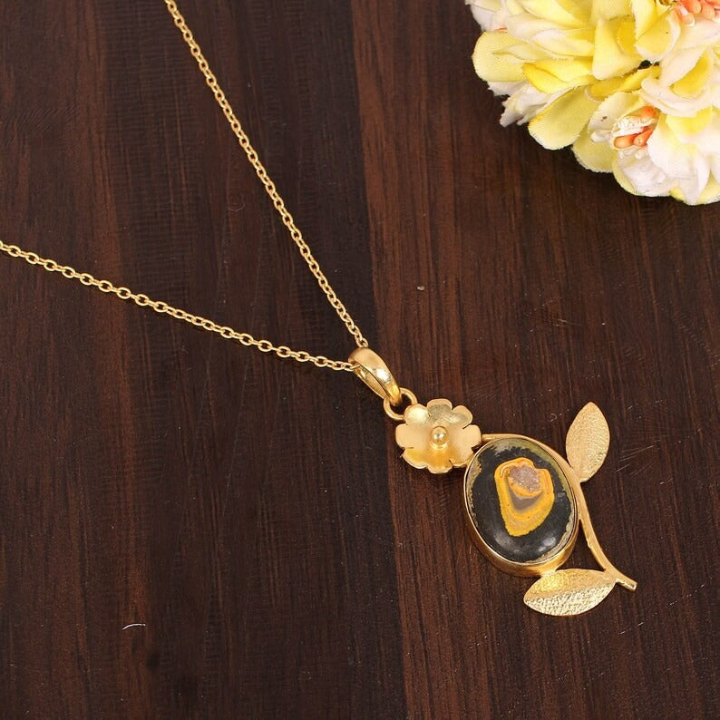 Bumble Bee Jasper Gemstone Flower Brass Necklace