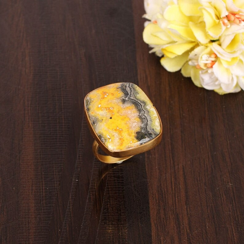 Bumble Bee Jasper Gemstone Brass Ring