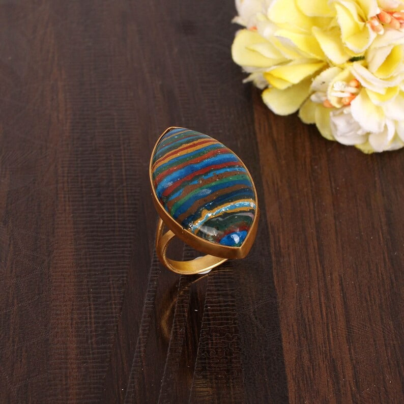 Rainbow Calsilica Gemstone Brass Ring