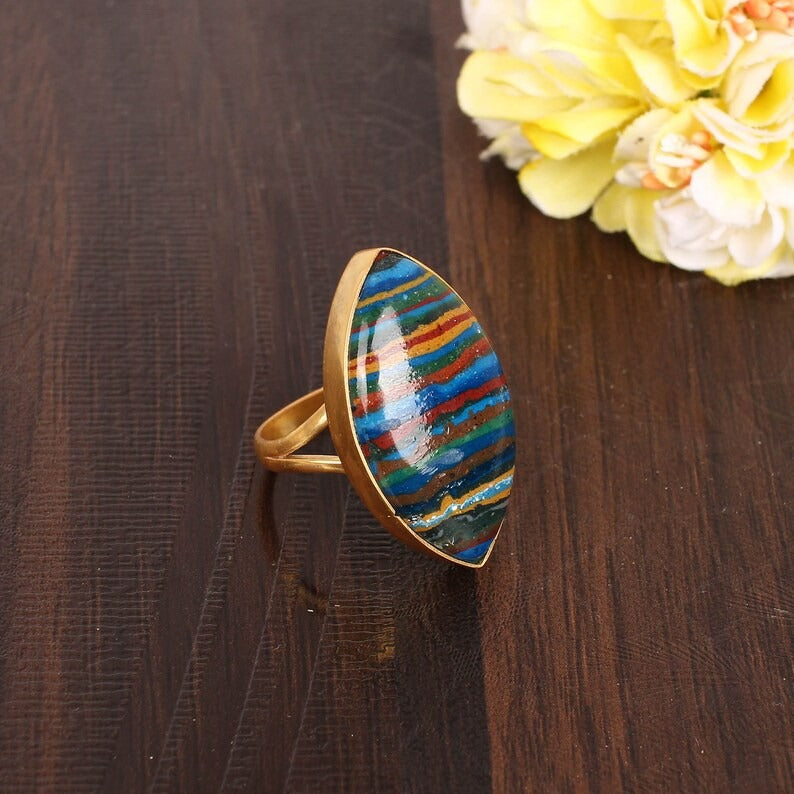 Rainbow Calsilica Gemstone Brass Ring