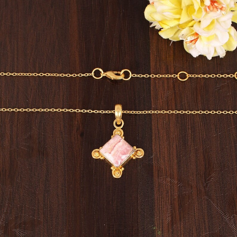 Natural Rhodochrosite Gemstone Brass Necklace