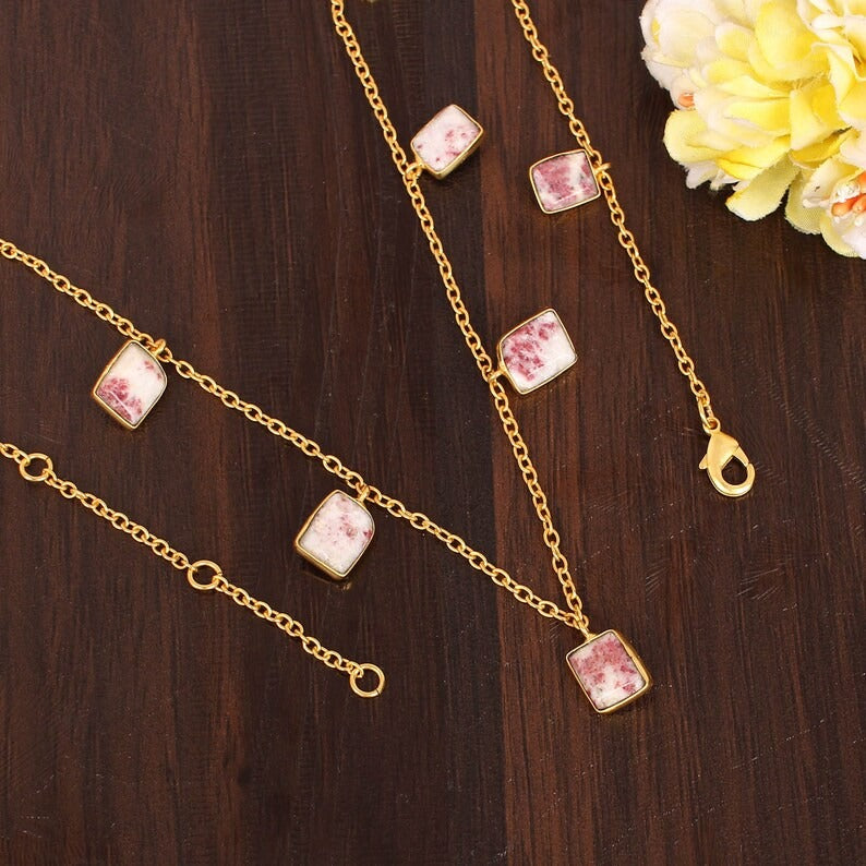 Cinnabar Gemstone Gold Plated Brass Necklace