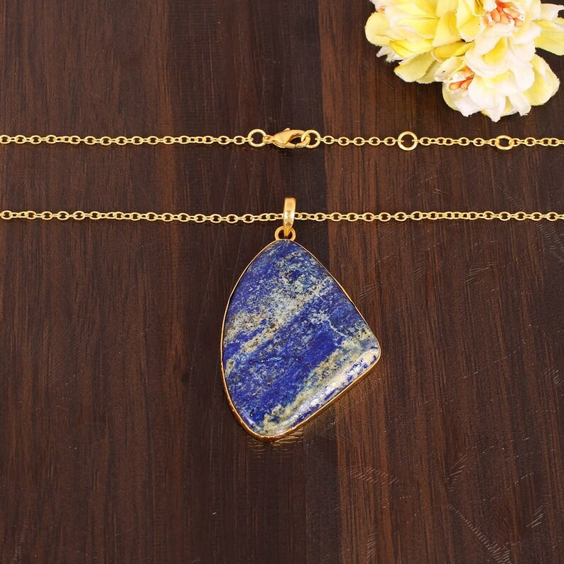 Natural Lapis Lazuli Fancy Gemstone Brass Necklace