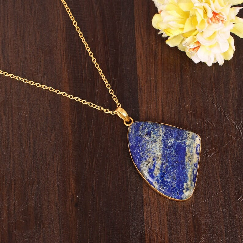 Natural Lapis Lazuli Fancy Gemstone Brass Necklace