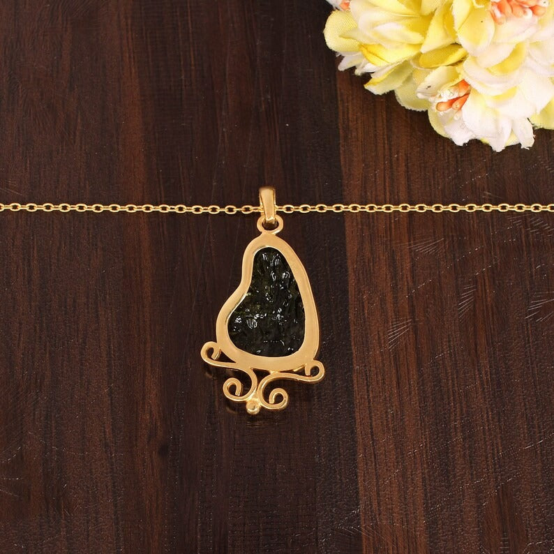 Green Moldavite Gemstone Brass Necklace