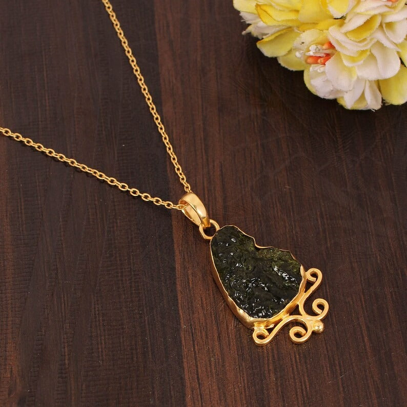 Green Moldavite Gemstone Brass Necklace