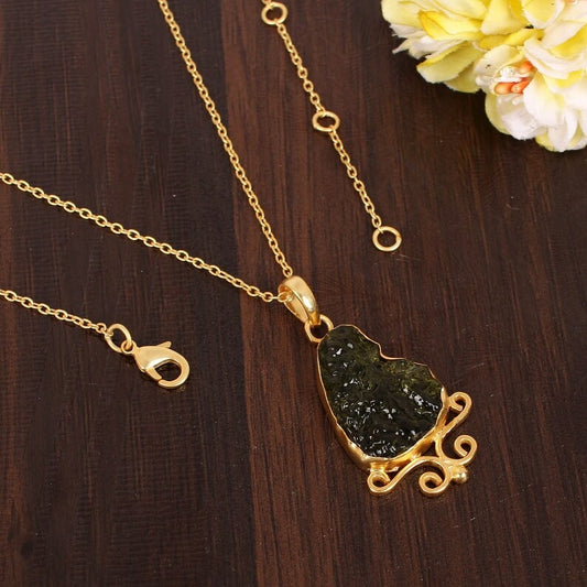 Green Moldavite Gemstone Brass Necklace