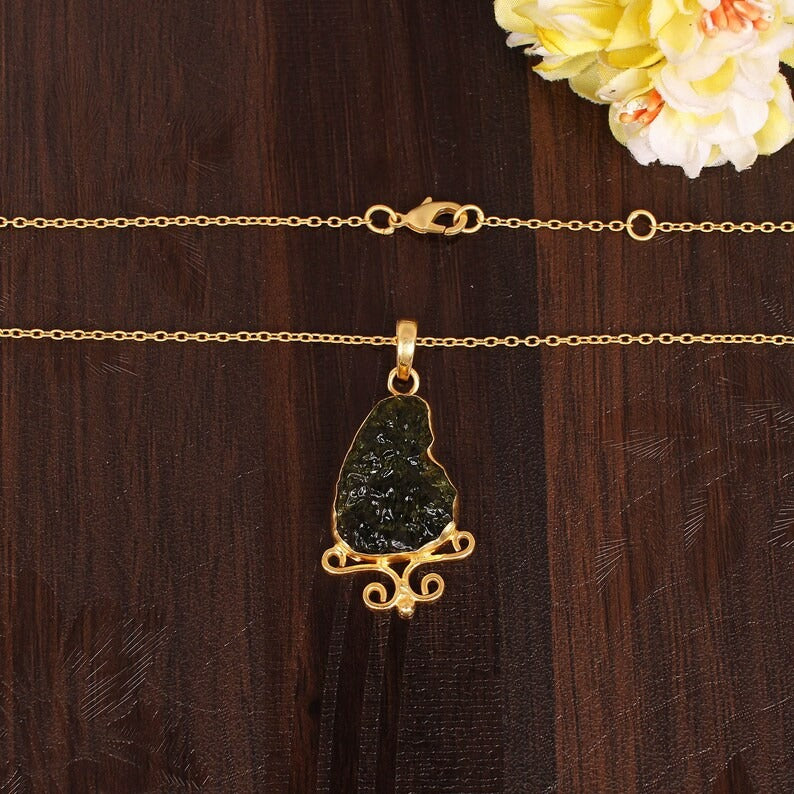 Green Moldavite Gemstone Brass Necklace