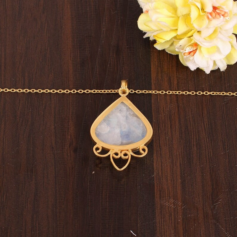 Rainbow Moonstone Gemstone Brass Necklace