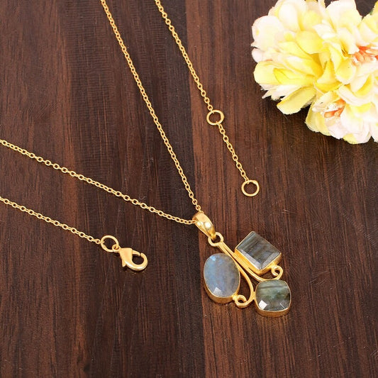 Blue Fire Labradorite Gemstone Brass Chain Necklace