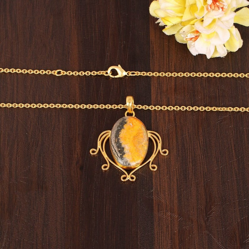 Bumble Bee Jasper Gemstone Brass Necklace