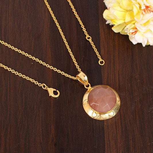 Natural Peach Moonstone Gemstone Brass Necklace