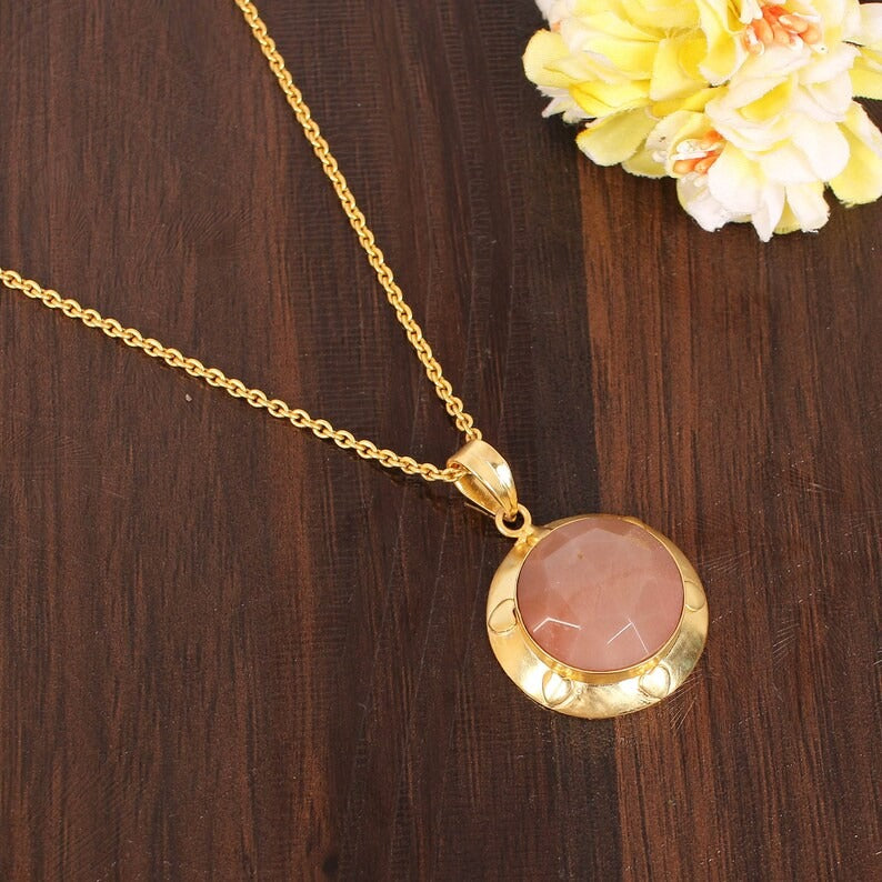 Natural Peach Moonstone Gemstone Brass Necklace