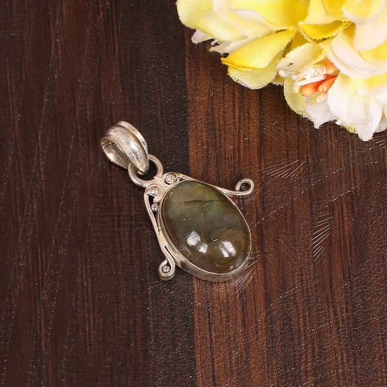 Natural Labradorite Gemstone Brass Pendant