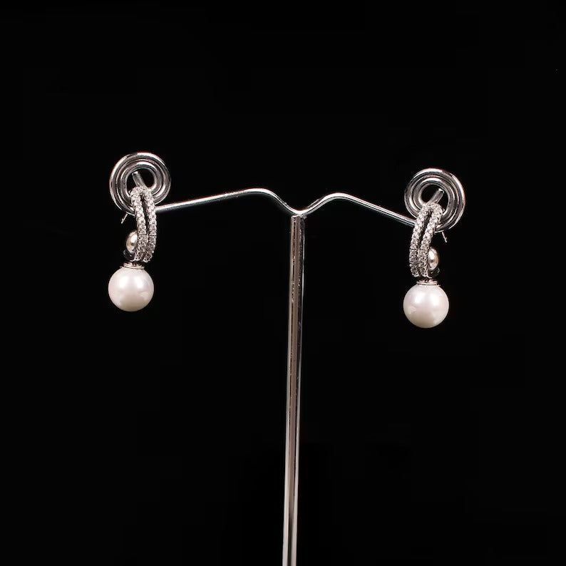 925 Sterling Silver Synthetic Pearl With CZ Hoop Earrings