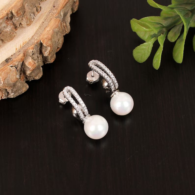 925 Sterling Silver Synthetic Pearl With CZ Hoop Earrings