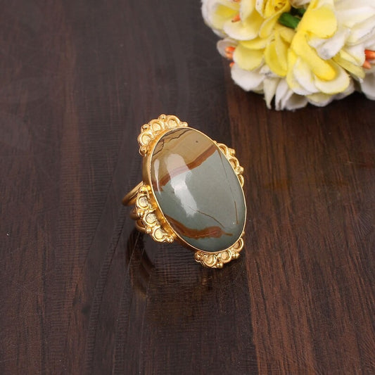 Imperial Jasper Gemstone Gold Plated Brass Ring