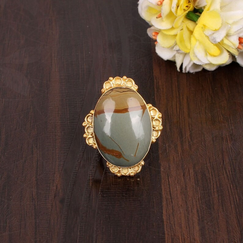 Imperial Jasper Gemstone Gold Plated Brass Ring