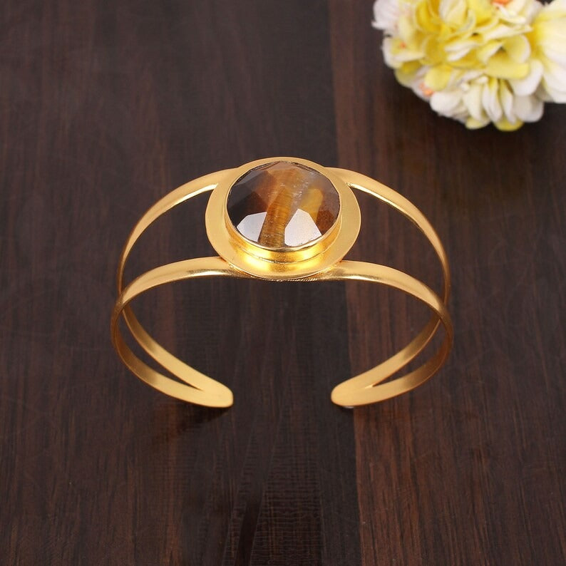 Tiger Eye Gemstone Yellow Gold Adjustable Brass Bangle