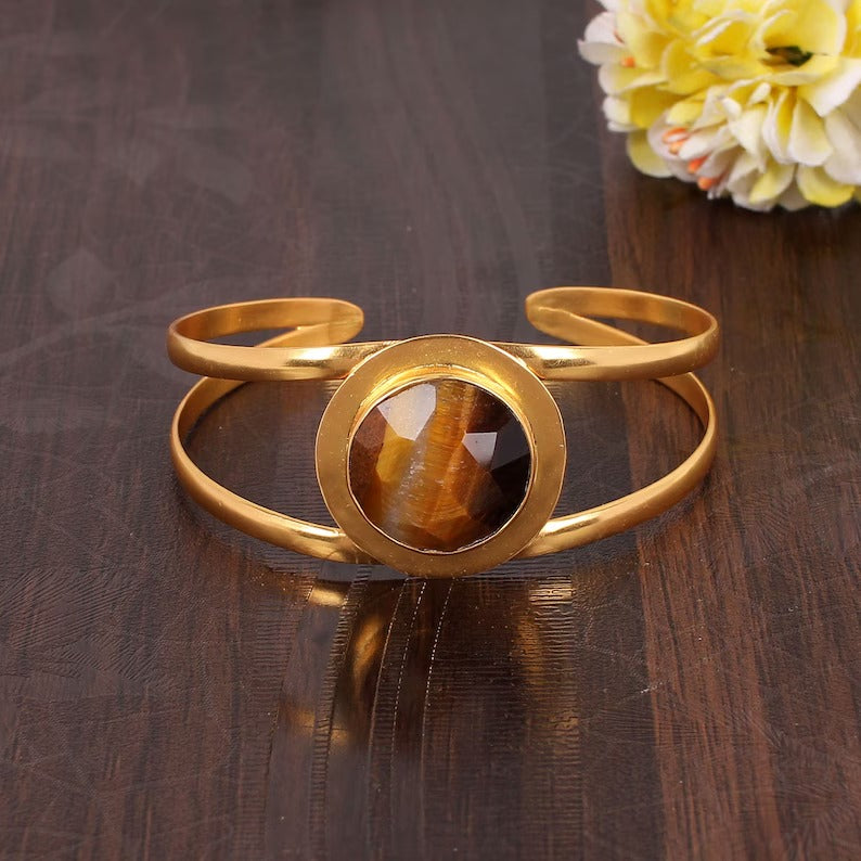 Tiger Eye Gemstone Yellow Gold Adjustable Brass Bangle