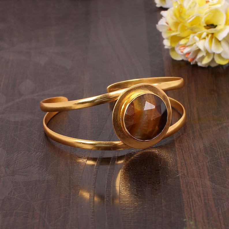 Tiger Eye Gemstone Yellow Gold Adjustable Brass Bangle