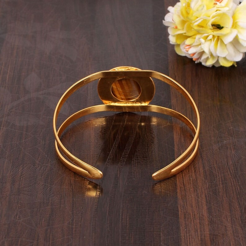 Tiger Eye Gemstone Yellow Gold Adjustable Brass Bangle