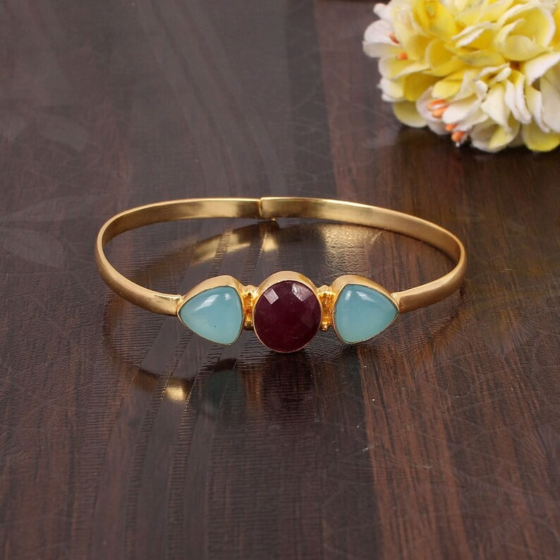 Natural Aqua Chalcedony & Ruby Gemstone Bangle