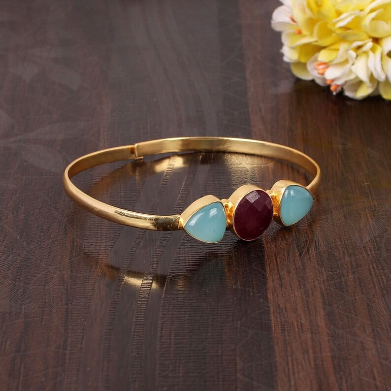 Natural Aqua Chalcedony & Ruby Gemstone Bangle