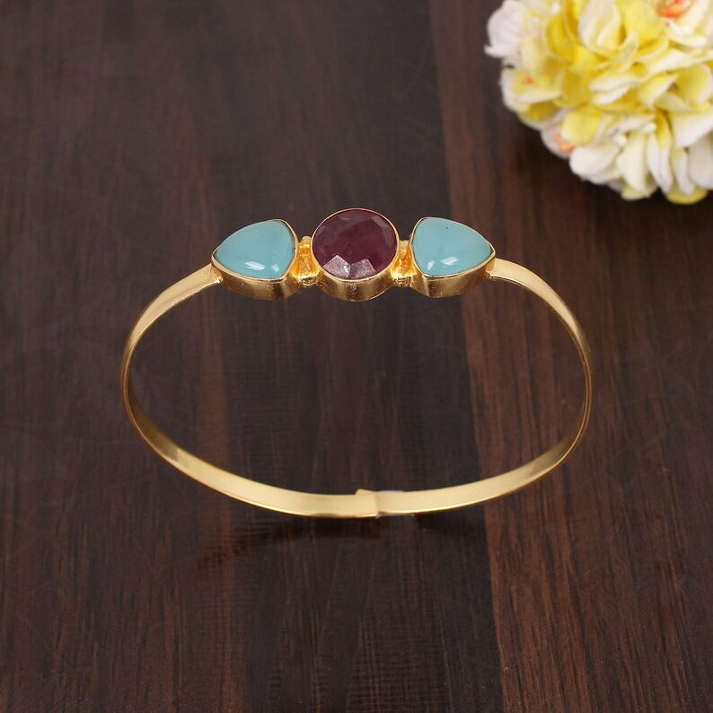 Natural Aqua Chalcedony & Ruby Gemstone Bangle