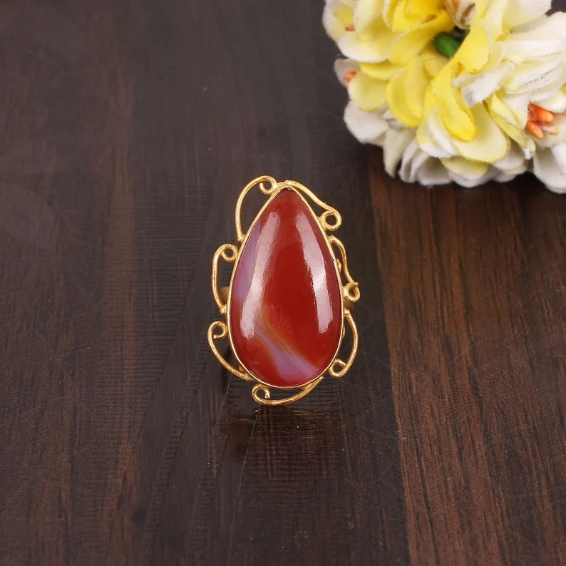 Red Onyx Gemstone Brass Gold Plated Ring