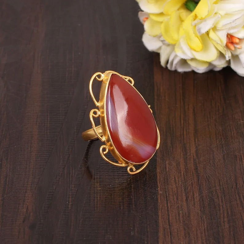 Red Onyx Gemstone Brass Gold Plated Ring