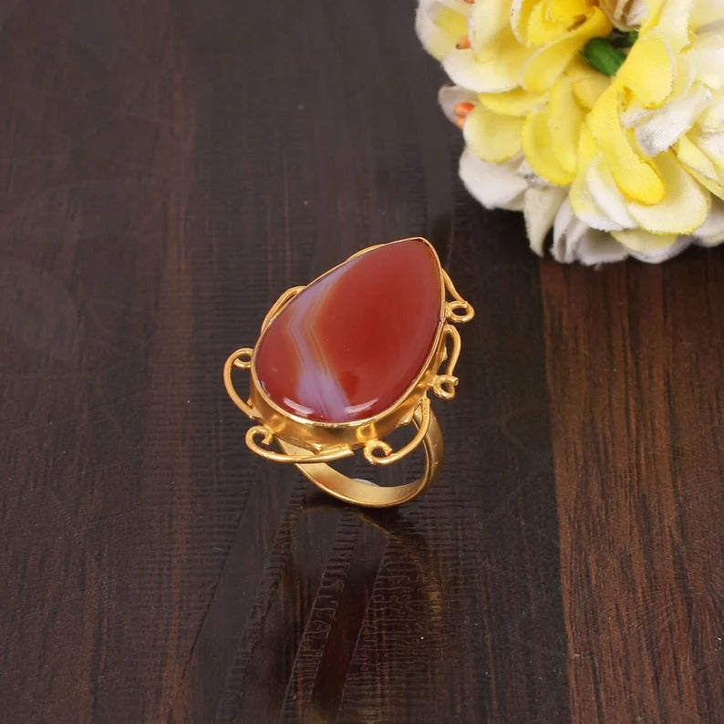 Red Onyx Gemstone Brass Gold Plated Ring