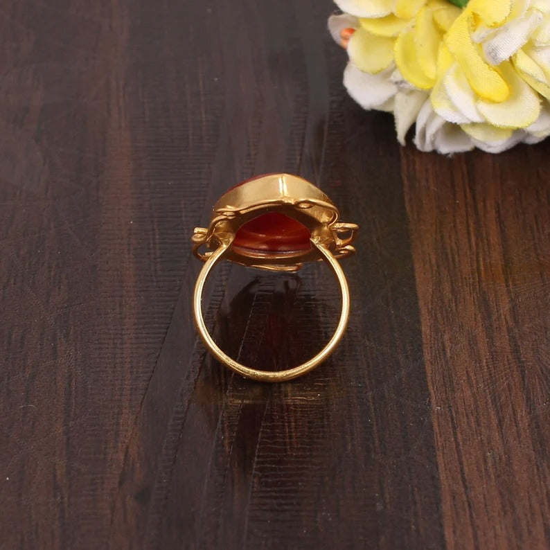 Red Onyx Gemstone Brass Gold Plated Ring