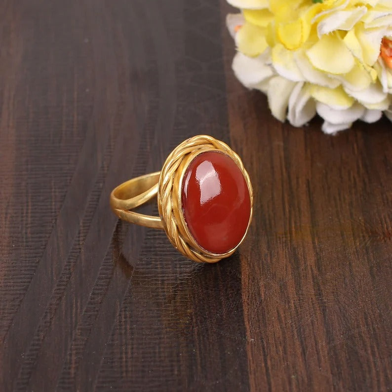 Oval Cabochon Gemstone Gold Plated Brass Ring