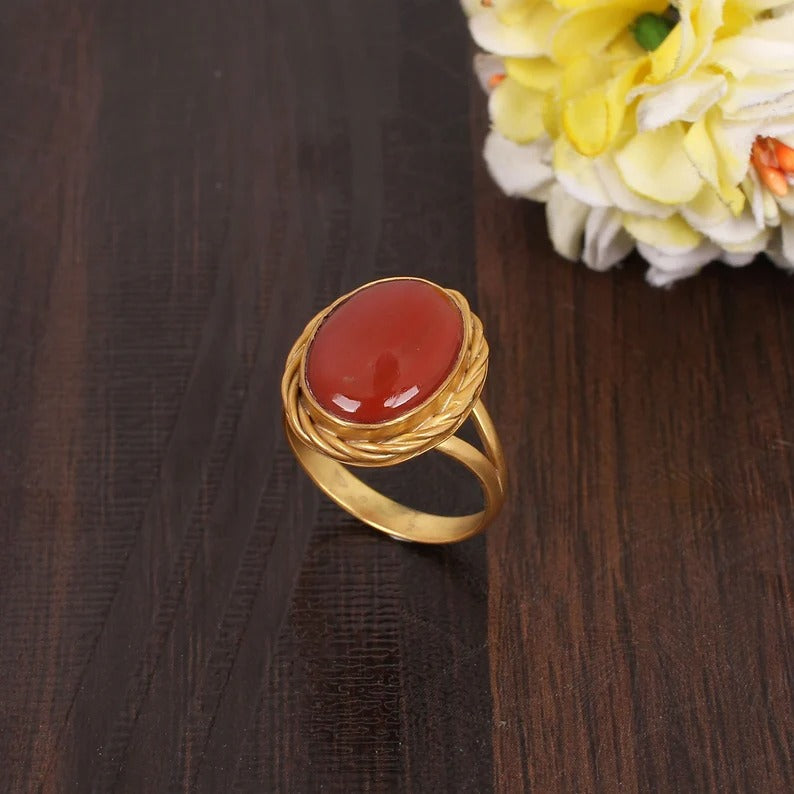 Oval Cabochon Gemstone Gold Plated Brass Ring