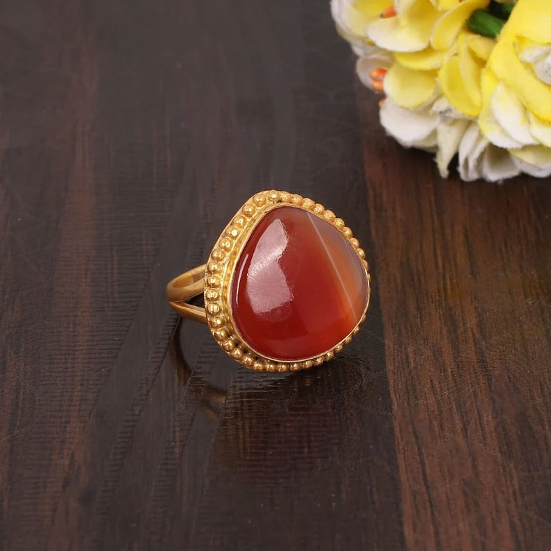 Natural Red Sardonyx Gemstone Designer Heart Shape Ring