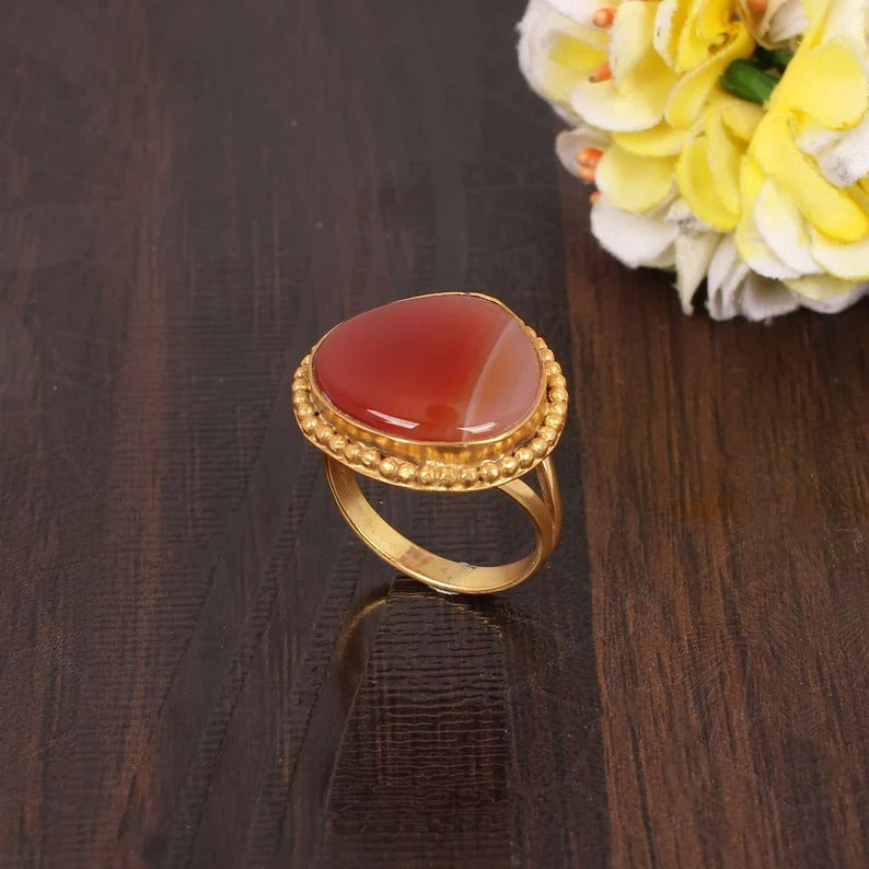 Natural Red Sardonyx Gemstone Designer Heart Shape Ring