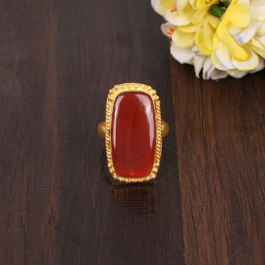 Natural Red Sardonyx Rectangle Gemstone Ring