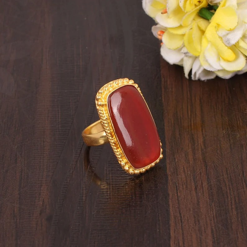 Natural Red Sardonyx Rectangle Gemstone Ring