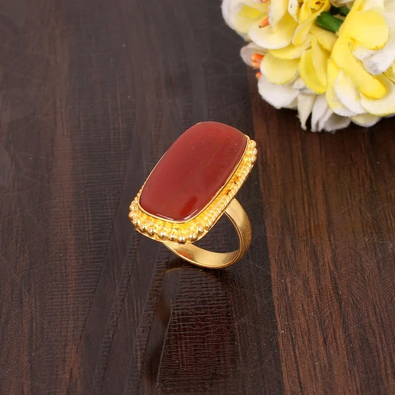 Natural Red Sardonyx Rectangle Gemstone Ring