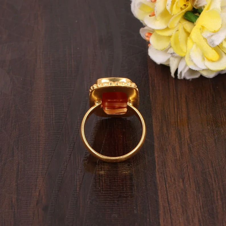 Natural Red Sardonyx Rectangle Gemstone Ring