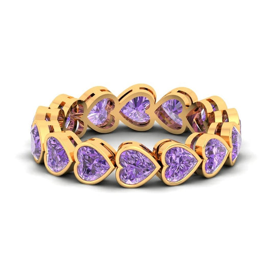 Natural Purple Amethyst Heart Shape 14Kt Gold Eternity Ring
