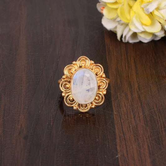 Rainbow Moonstone Gemstone Flower Ring