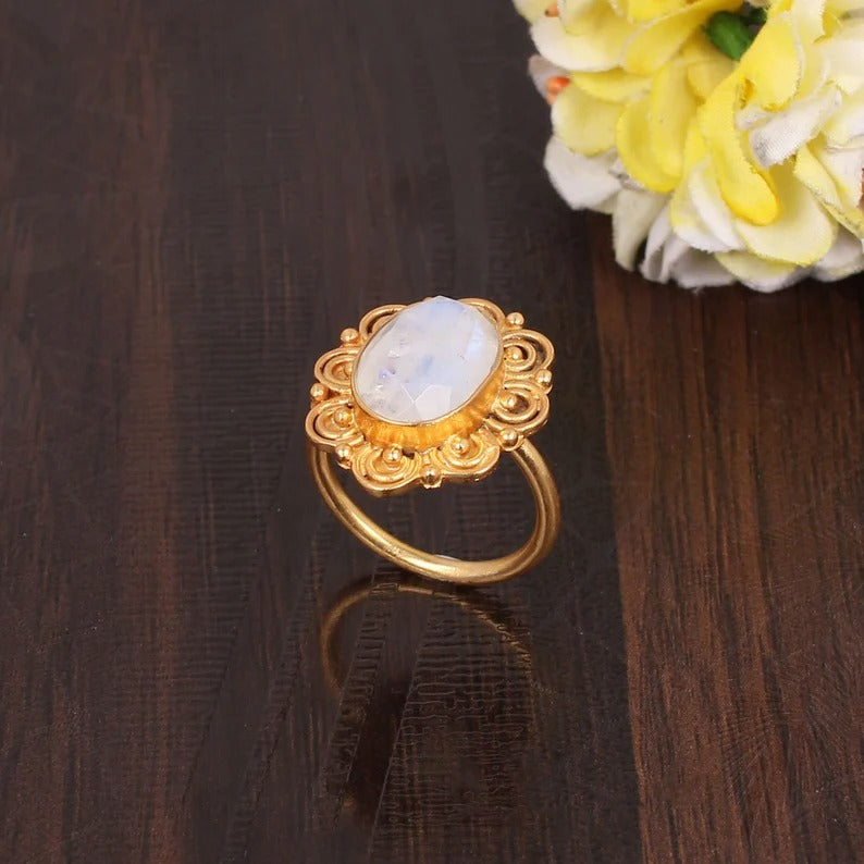 Rainbow Moonstone Gemstone Flower Ring