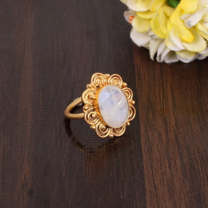 Rainbow Moonstone Gemstone Flower Ring