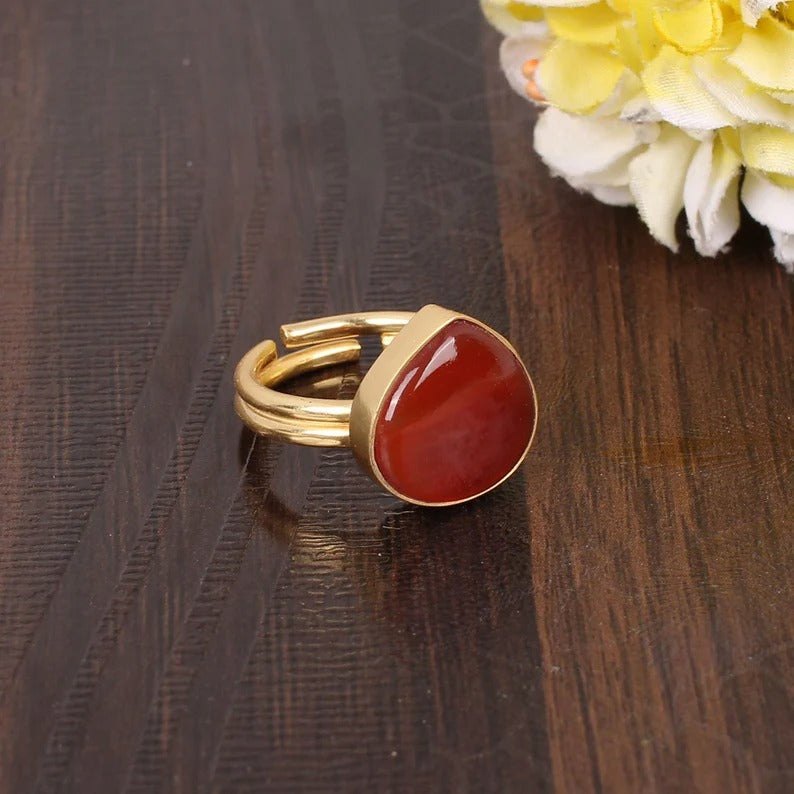 Red Sardonyx Gold Plated Brass Ring