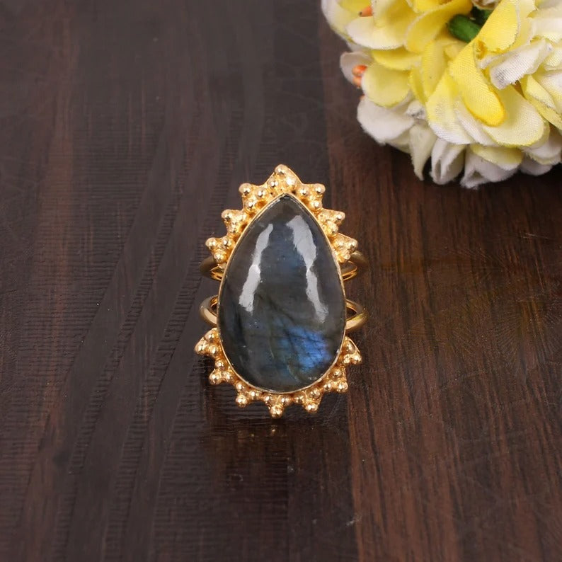 Labradorite Gemstone Gold Plated Brass Ring