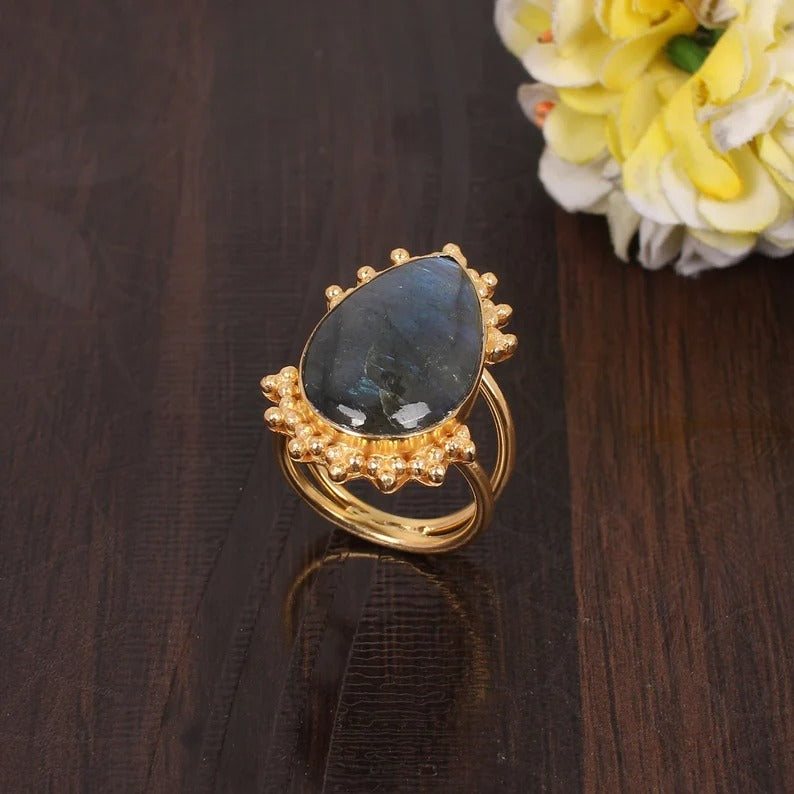 Labradorite Gemstone Gold Plated Brass Ring